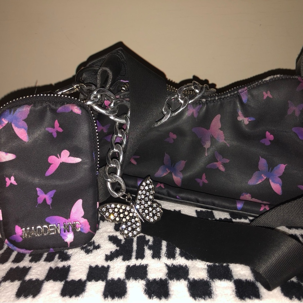 Madden NYC Black Butterfly Print Crossbody Bag Pink Purple